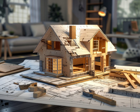 Architectural model house with tools and blueprints, illuminated in craftsmanship ambianceの写真素材