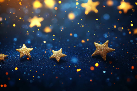 Enchanting christmas background with golden stars and bokeh lights on dark blue for festive designsの写真素材