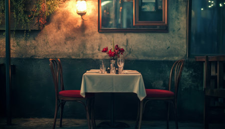 Intimate dining setup featuring a cozy table for two in a beautifully romantic atmosphereの写真素材