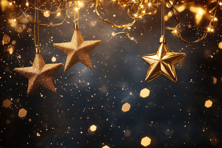 Enchanting christmas background with golden stars and lights for festive celebrationsの写真素材