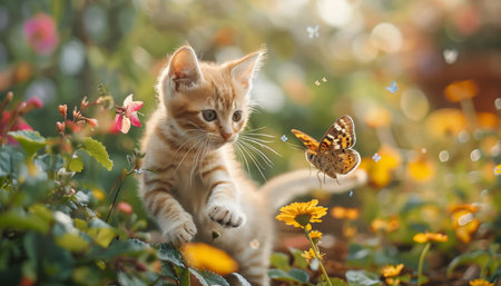 Adorable kittens playfully chasing butterflies in a colorful garden full of vibrant bloomsの写真素材