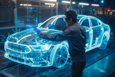 Automotive engineer utilizing cutting edge technology in a futuristic car assembly lineのeditorial素材