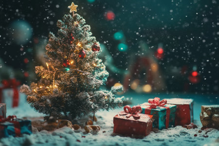 Abstract christmas scene featuring a decorated tree surrounded by colorful presentsの写真素材