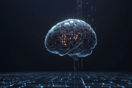 Futuristic ai brain design circuitry logo with abstract digital backdrop and soft lighting effects