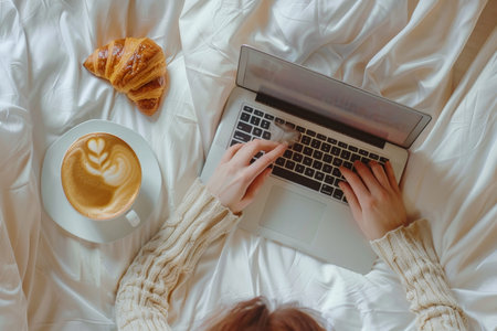 Freelancer woman writing blog with coffee and croissant, top view on bed and tableの写真素材