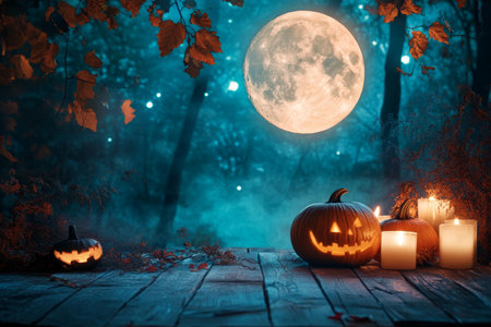 Spooky halloween background featuring full moon, pumpkins, and candles in creepy forest settingの写真素材