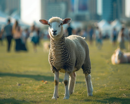 Vivid capture of sheep in lively dubai event among people and animalsの写真素材