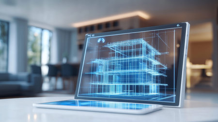 Modern architecture concept digital tablet showcasing blueprints with holographic projection