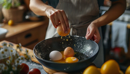 Woman cracking an egg into a bowl in a cozy and inviting home kitchen environmentの写真素材