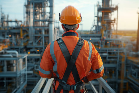 Photorealistic image of a worker in safety gear at an oil refinery, facing away from the camera
