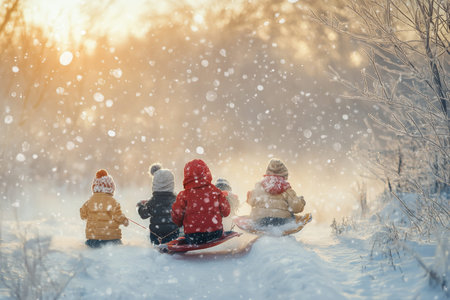 Joyful children having fun with a sledge in a beautiful winter landscape filled with snow