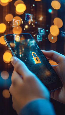 Close up of hands with smartphone and security icons, emphasizing mobile internet safety concept