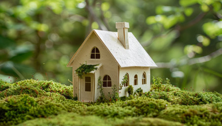 Sustainable paper house peacefully integrated into garden moss, promoting eco conscious livingの写真素材