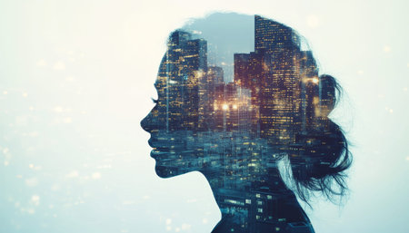 Double exposure artwork urban combining cityscape and woman silhouette for lifestyle concept