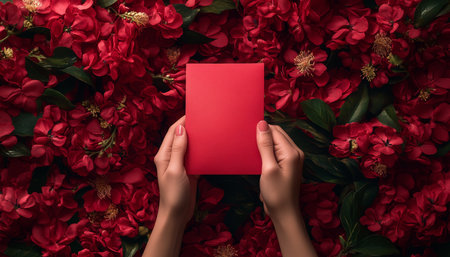 Hands hold a red Chinese envelope with flowers, symbolizing joy and good fortune during the new year.の写真素材