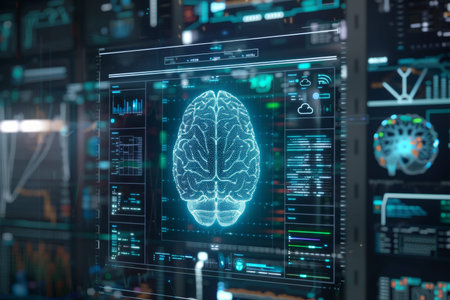 Advancements in brain computer interface holographic brain scan surrounded by data visualizations