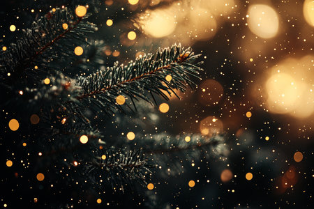 Festive holiday background featuring glittering lights and a close up of a christmas treeの写真素材
