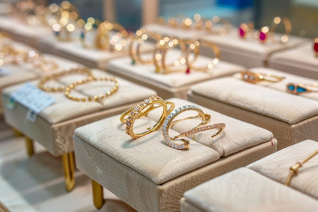 Opulent array of exquisite gold jewelry items for sale in a luxurious shop displayの写真素材