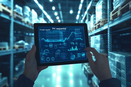 Modern warehouse management system on a digital tablet with data visualizations and vibrant graphics