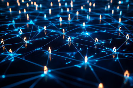 Abstract digital network with glowing user icons on a blue background for social media conceptの写真素材