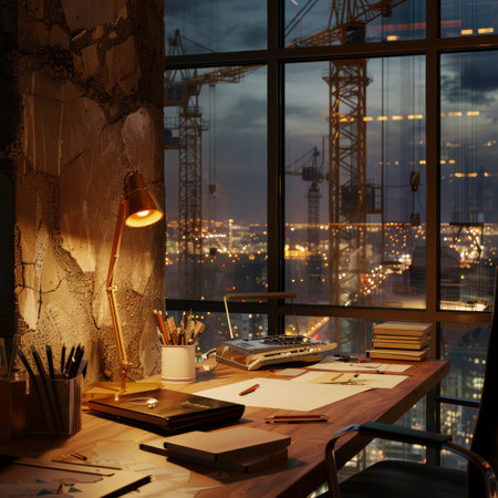 Architectural project concept at construction site or office desk with mining lampの写真素材