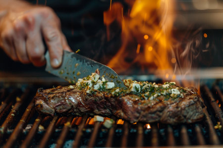 Chef cooking grilled steak with creamy lemon butter or spicy cajun sauce and herbsの写真素材