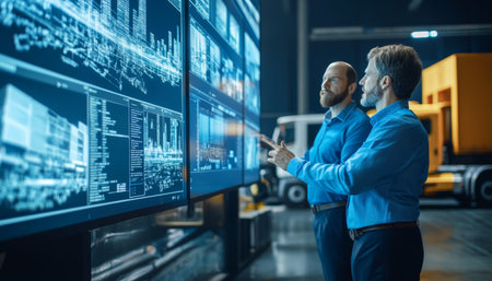 Managers collaborating on transportation management systems software analysis using large displays