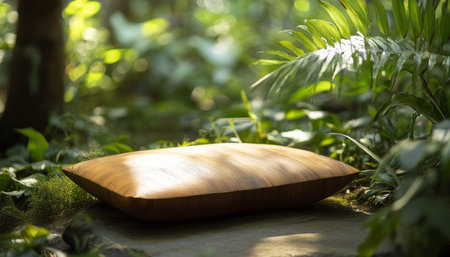 Serene wooden meditation cushion surrounded by lush greenery for tranquil reflection momentsの写真素材