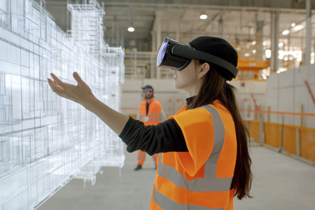 Woman in safety vest engages with holographic blueprints at construction site using vr glassesの写真素材