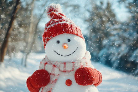 Charming snowman smiling in red mittens and scarf amidst spruce trees in winter wonderlandの写真素材