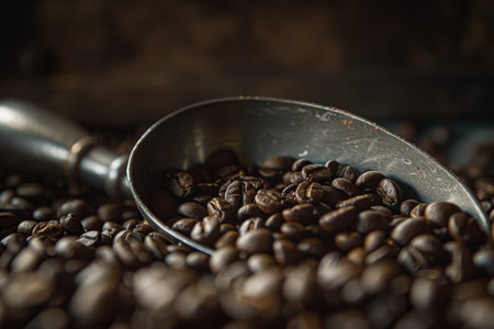 Premium closeup of coffee beans with scoop in atmospheric lighting creating a captivating moodの写真素材