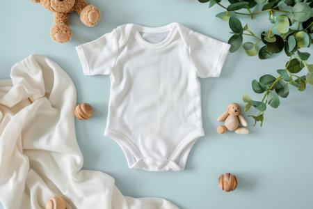 Neutral infant onesie mockup with teddy bear and eco friendly toys on pastel backgroundの写真素材