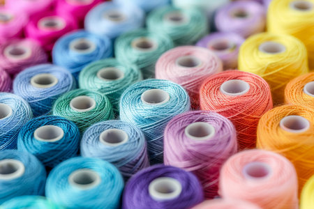 Colorful cotton thread spools for sewing and embroidery enthusiasts and creative crafting projectsの写真素材