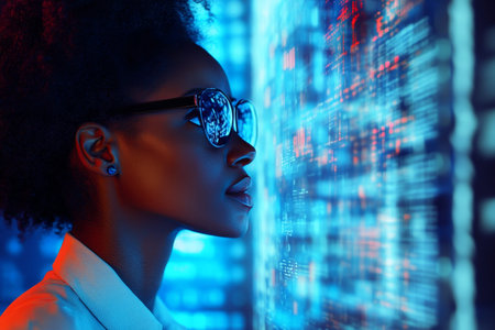Black female it specialist analyzing cybersecurity threats with augmented reality technologyのeditorial素材
