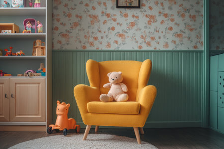 Bright and inviting children s playroom featuring cozy armchair, dolls, and colorful toysの写真素材