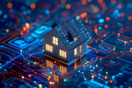 Smart home tech mini house on phone screen with wireless links to electronics devicesの写真素材