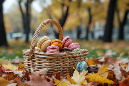 Chic park picnic featuring pastel macarons and modern basket surrounded by autumn leavesの写真素材