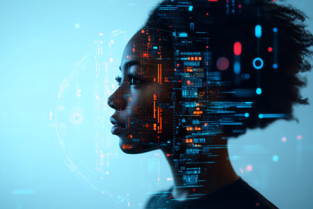 Ai cybersecurity threat african american female it specialist analyzing data in augmented reality