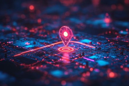 Futuristic map pin location with advanced ai technology background for navigation and mappingの写真素材