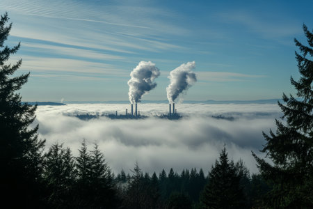 Smoke billowing from industrial chimneys under a blue sky with white fog and surrounding treesの写真素材
