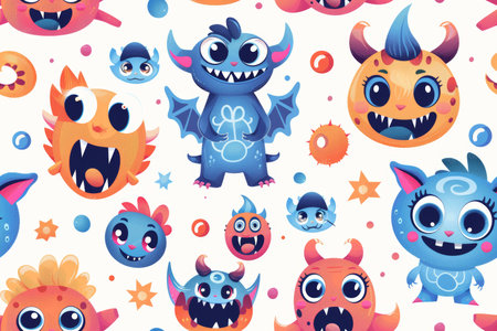 Colorful halloween background with cute faces in pink, blue, yellow palette on whiteの写真素材