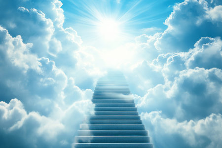 A heavenly ascent stairs among clouds with sunlight symbolizing hope and afterlife beyond earthの写真素材
