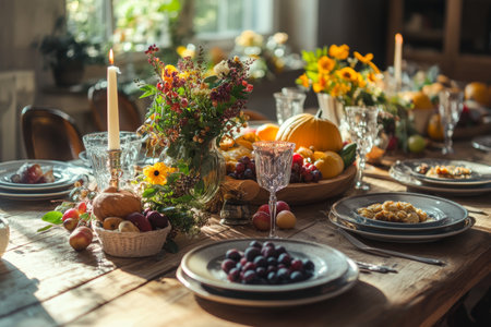 Beautifully decorated thanksgiving dinner displayed on a rustic wooden table settingの写真素材