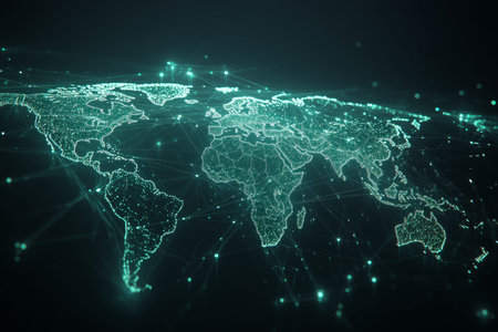 Digital world map showcasing global network connections with glowing lines and data flow nodes