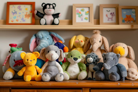 Diverse selection of charming toys presented on wooden table in playful children s room environmentの写真素材