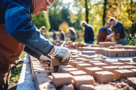 Skilled construction worker using trowel to build brick walls with cement and mortar on siteの写真素材