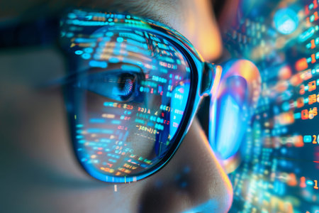 Computer programmer analyzing big data with eyeglasses reflection on face while working on screen