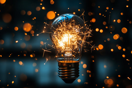 Close up of a light bulb emitting electric sparks, symbolizing creativity and innovation in darknessの写真素材