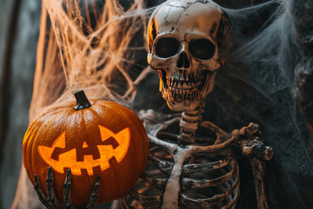 Hyper realistic halloween scene skeleton with pumpkin head, spider webs, misty orange ambianceの写真素材