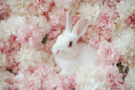 Charming easter bunny surrounded by blooming spring flowers in a delightful white backgroundの写真素材